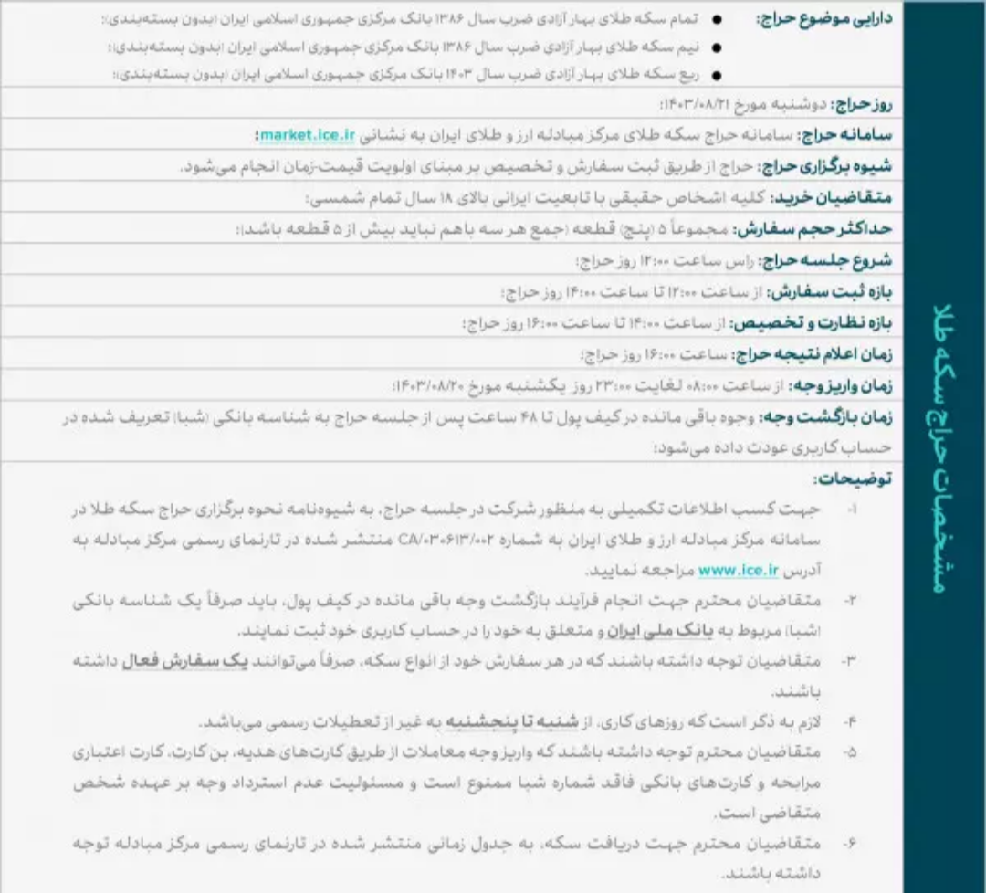 انواع سکه روز دوشنبه عرضه می‌شود /واریز وجه؛ ۲۰ آبان، شرکت در حراج؛ ۲۱ آبان