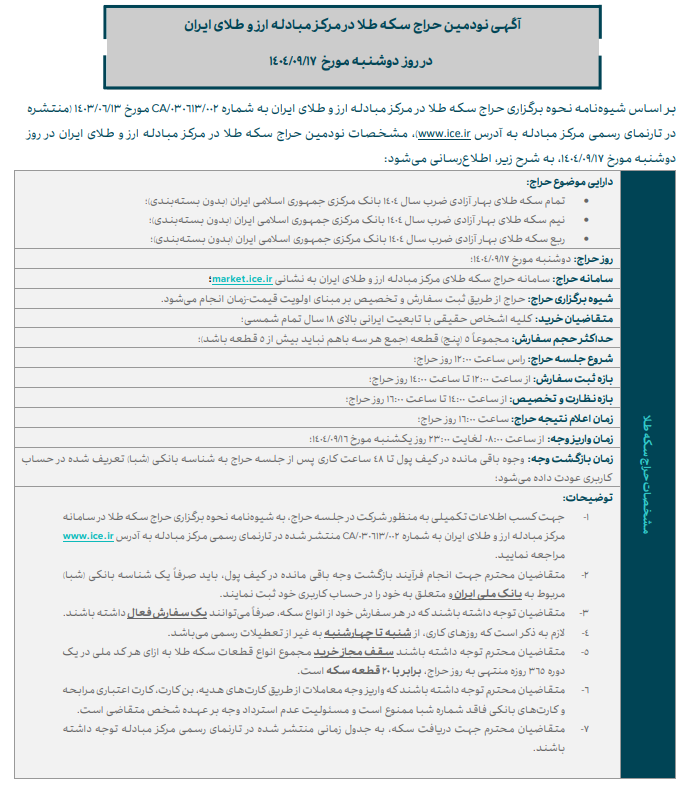 فراخوان نودمین حراج سکه طلا در مرکز مبادله ایران؛ واریز وجه ۱۶ آذر، حراج ۱۷ آذر فراخوان نودمین حراج سکه طلا در مرکز مبادله ایران؛ واریز وجه ۱۶ آذر، حراج ۱۷ آذر