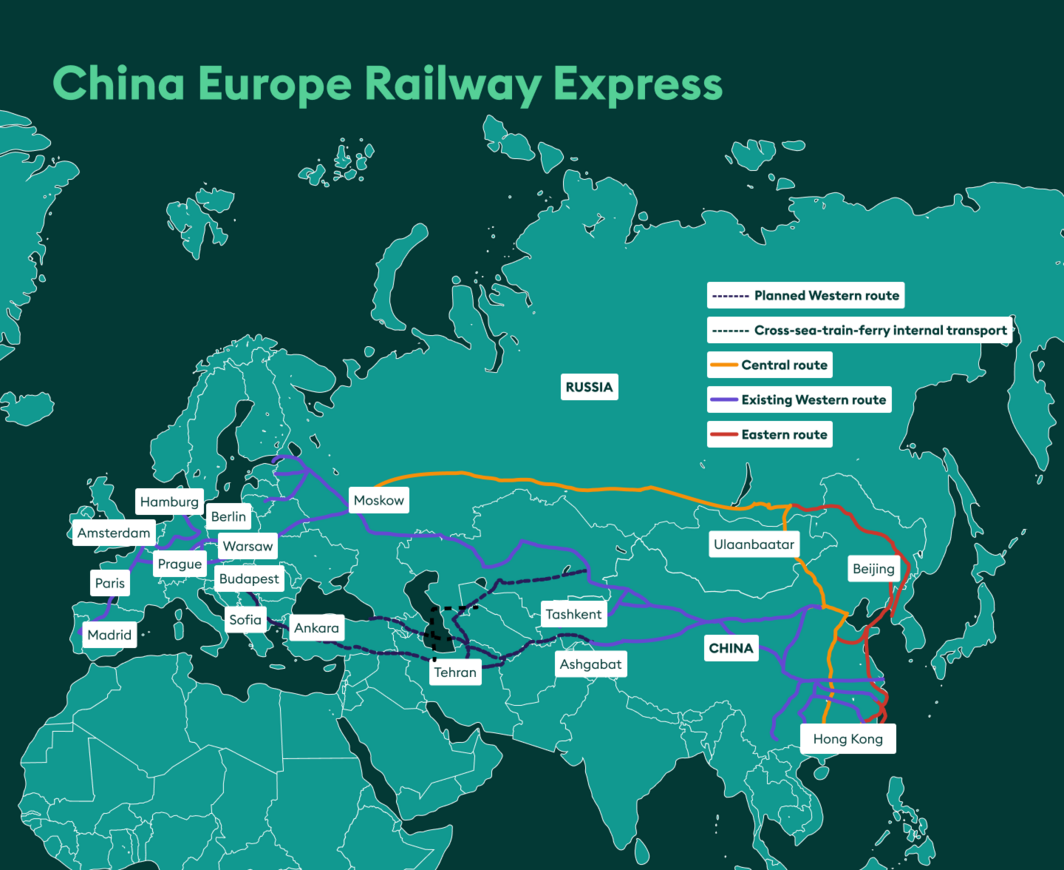 خطوط ریلی چین - اروپا در سه مسیر روسیه، خزر و ایران به سمت اروپا
